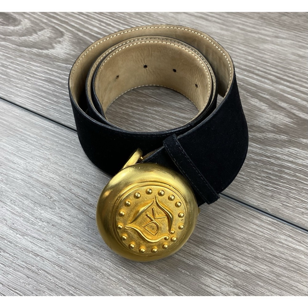 Donna Karan Women's Vtg Suede Leather "DK" Medallion Gold Tone Buckle Black Sz M